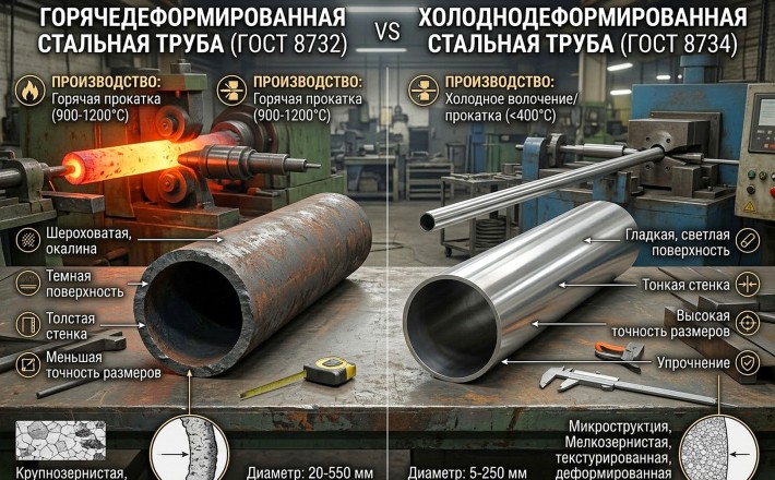 Полезная статья о бесшовных трубах с точным сравнением горячедеформированных и холоднодеформированных труб на основании ГОСТ 8732-78 и ГОСТ 8734-75